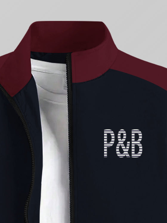 P&B Terry Fleece Zipper Mock Neck Jacket For Men-Navy & Maroon-BE2820