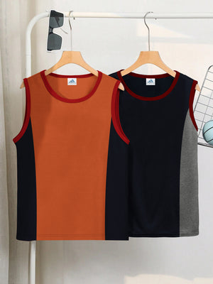 Pack Of 2 ADS Single Jersey Sleeveless T Shirt For Kids-Olive with Grey Melange Panels-BE3070