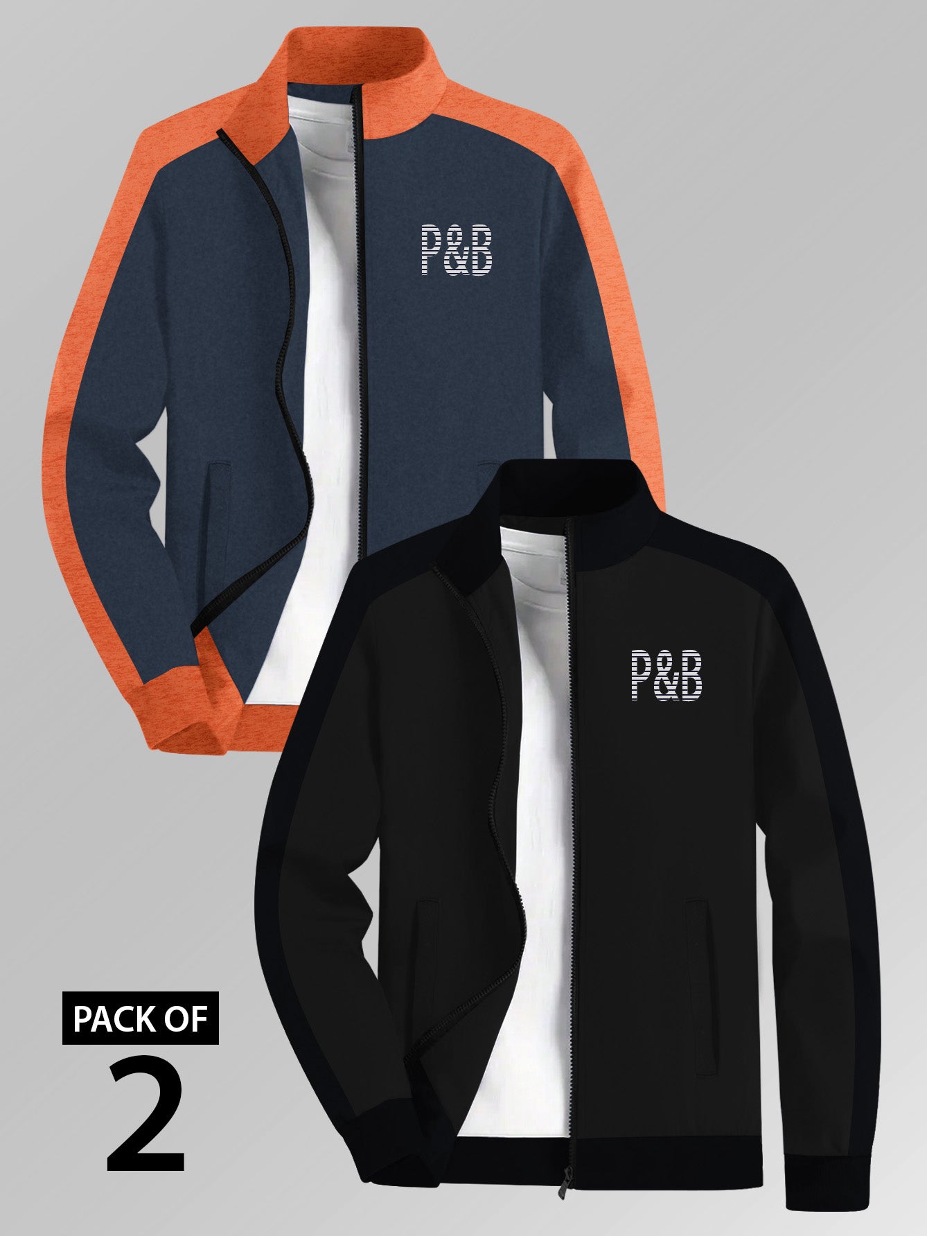 Pack of 2 P&B Fleece Zipper Mock Neck Jacket For Men-Navy Melange & Rosy Black-BE2880