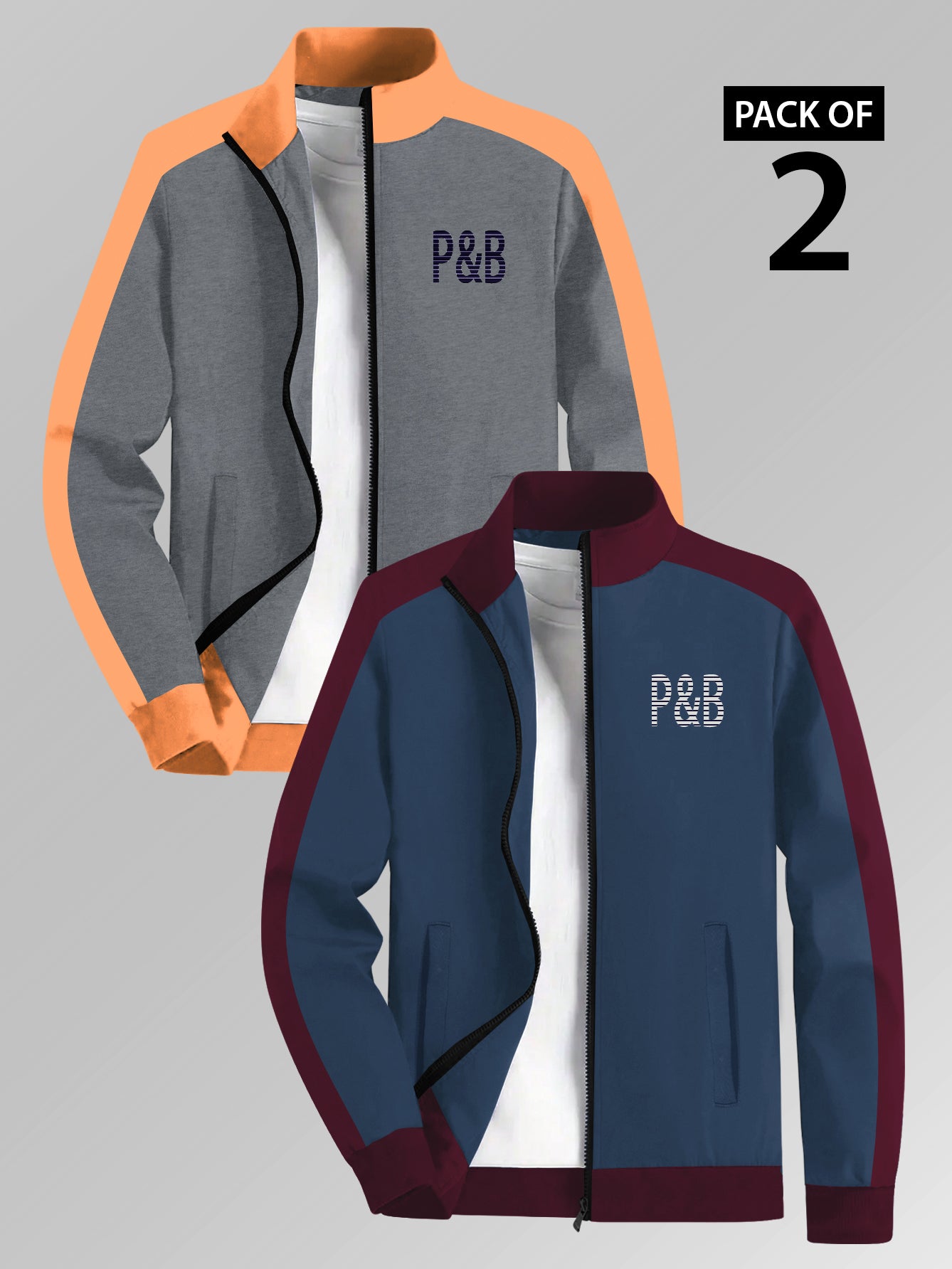 Pack of 2 P&B Fleece Zipper Mock Neck Jacket For Men-Navy & Grey-BE2822