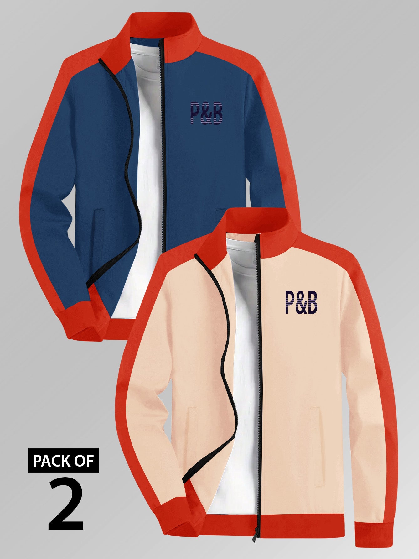 Pack of 2 P&B Fleece Zipper Mock Neck Jacket For Men-Peach & Navy Blue-BE2940