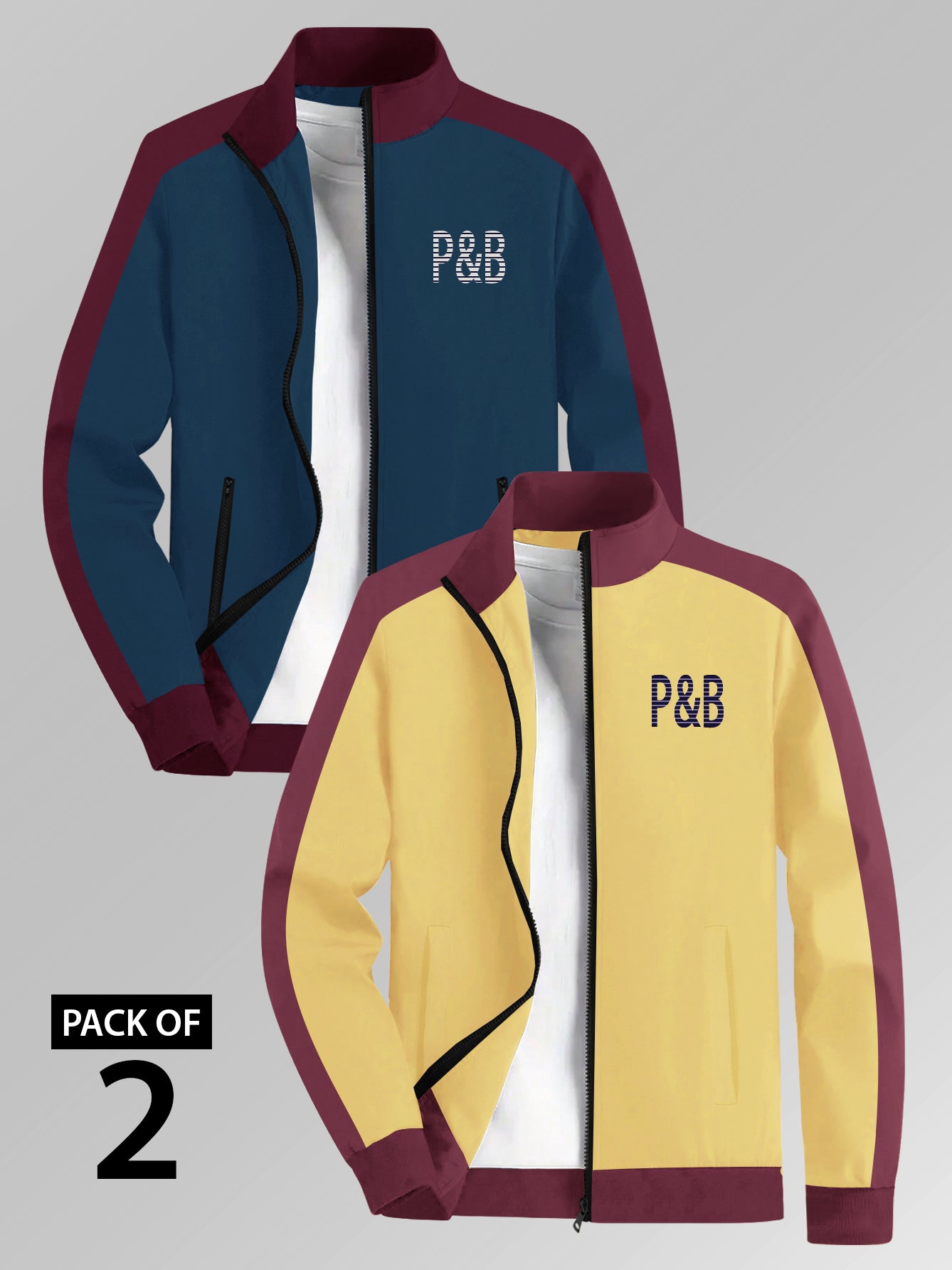 Pack of 2 P&B Terry Fleece Zipper Mock Neck Jacket For Men-Navy & Yellow-BE2824