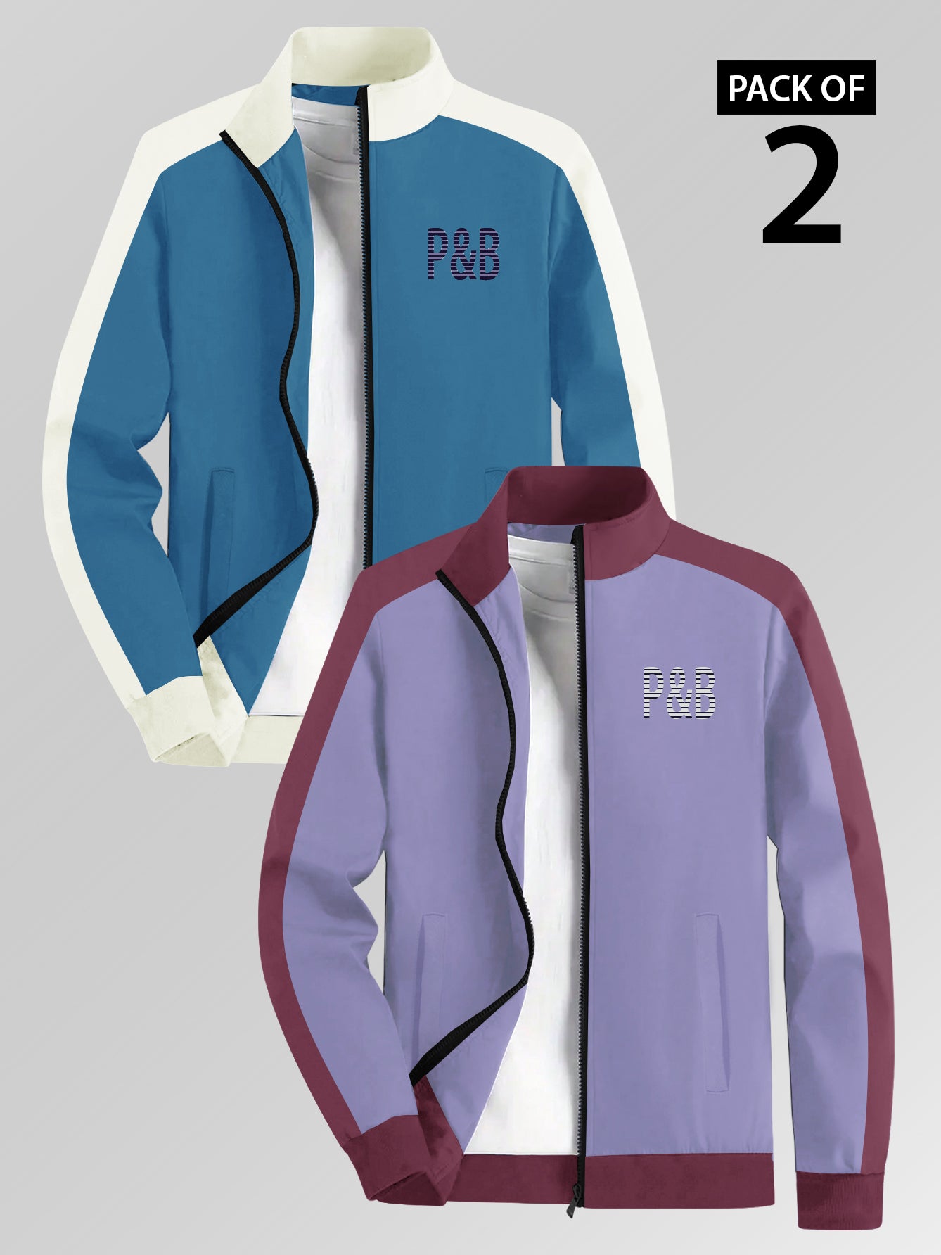 Pack of 2 P&B Terry Fleece Zipper Mock Neck Jacket For Men-Zinc & Light Purple-BE2816