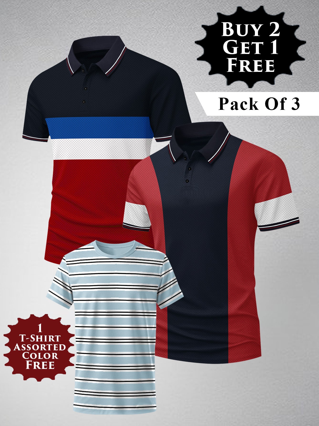 Buy 2 Get 1 Free Pack Of 2 Summer Polo Shirt For Men-BE3371/BR15819