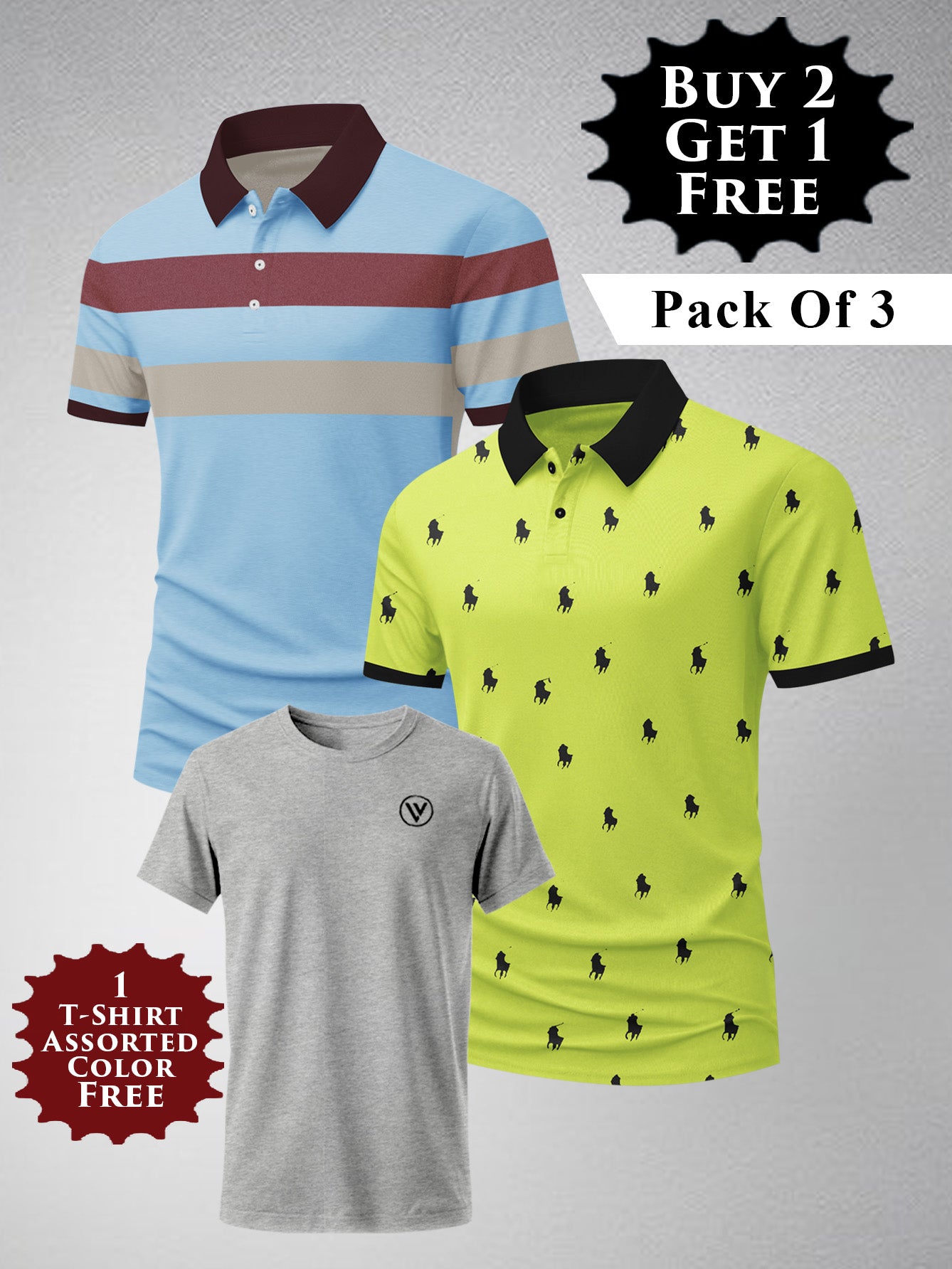 Buy 2 Get 1 Free Pack Of 2 Summer Polo Shirt For Men-BE3366/BR15814