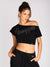 Pineapple Terry Fleece Off Shoulder Cropped Sweatshirt For Ladies-Black-BE2845/BR14727