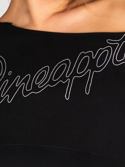 Pineapple Terry Fleece Off Shoulder Cropped Sweatshirt For Ladies-Black-BE2845/BR14727