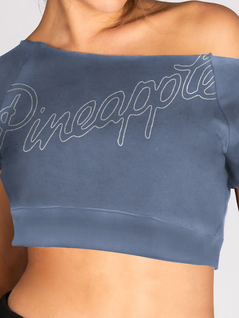 Pineapple Terry Fleece Off Shoulder Cropped Sweatshirt For Ladies-Blue Faded-BE2847/BR14729