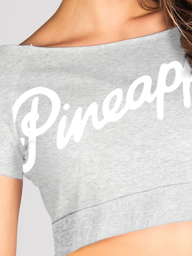 Pineapple Terry Fleece Off Shoulder Cropped Sweatshirt For Ladies-Grey Melange-BE2846/BR14728