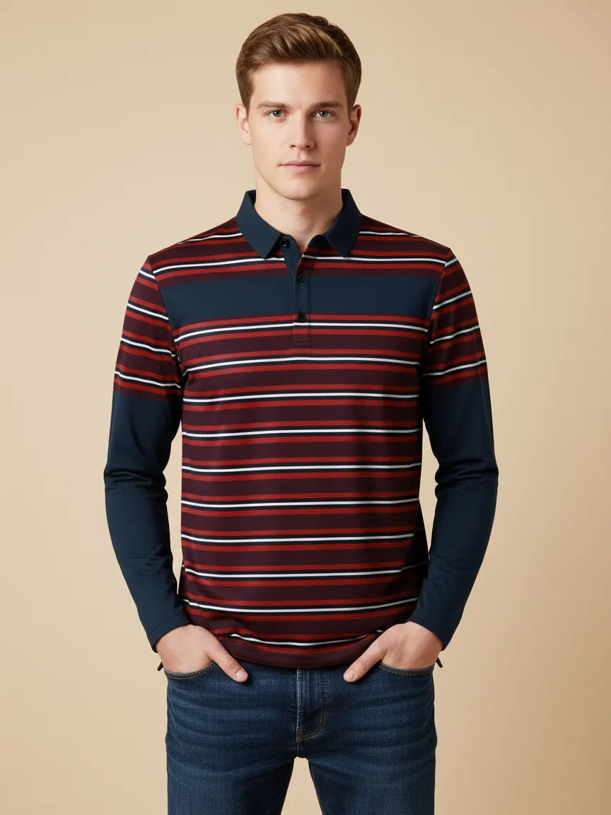 NXT Long Sleeve Polo Shirt For Men-Maroon & Navy with Allover Red Stripe-BE2760/BR14659