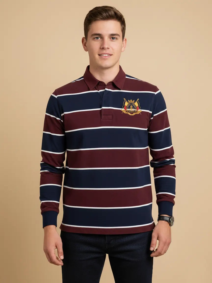 Louis Vicaci Long Sleeve Polo Shirt For Men-Maroon & Navy Stripe-BR899