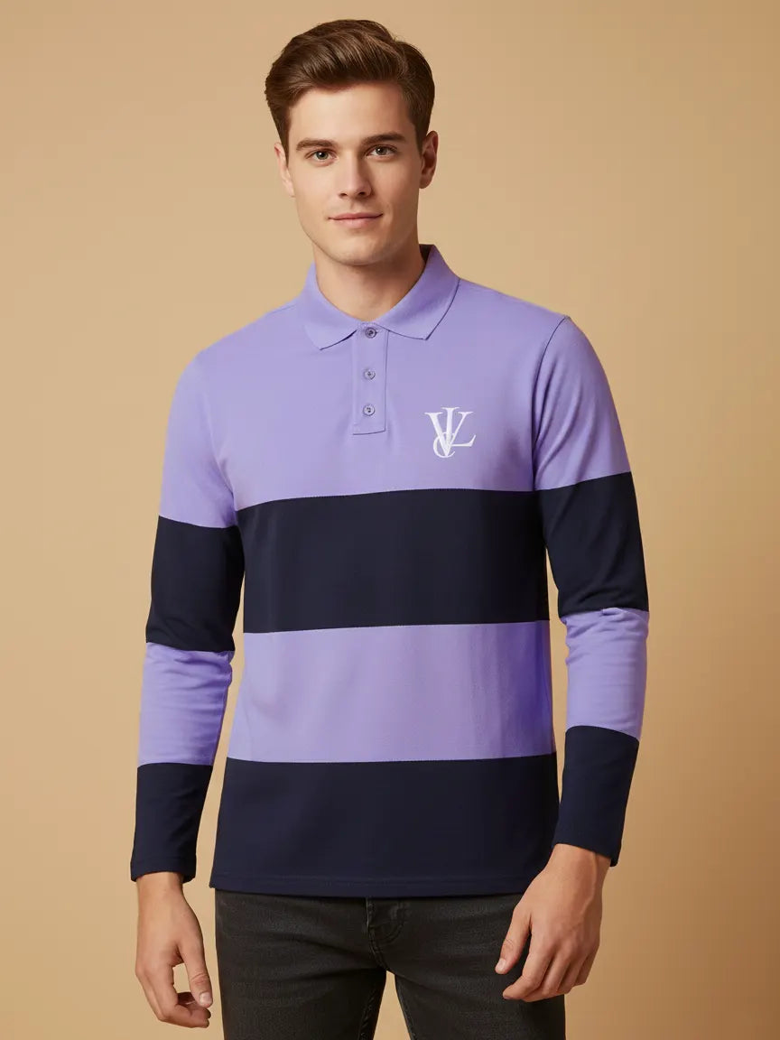 Louis Vicaci Long Sleeve Polo For Men-Light Blue with Royal-BR889