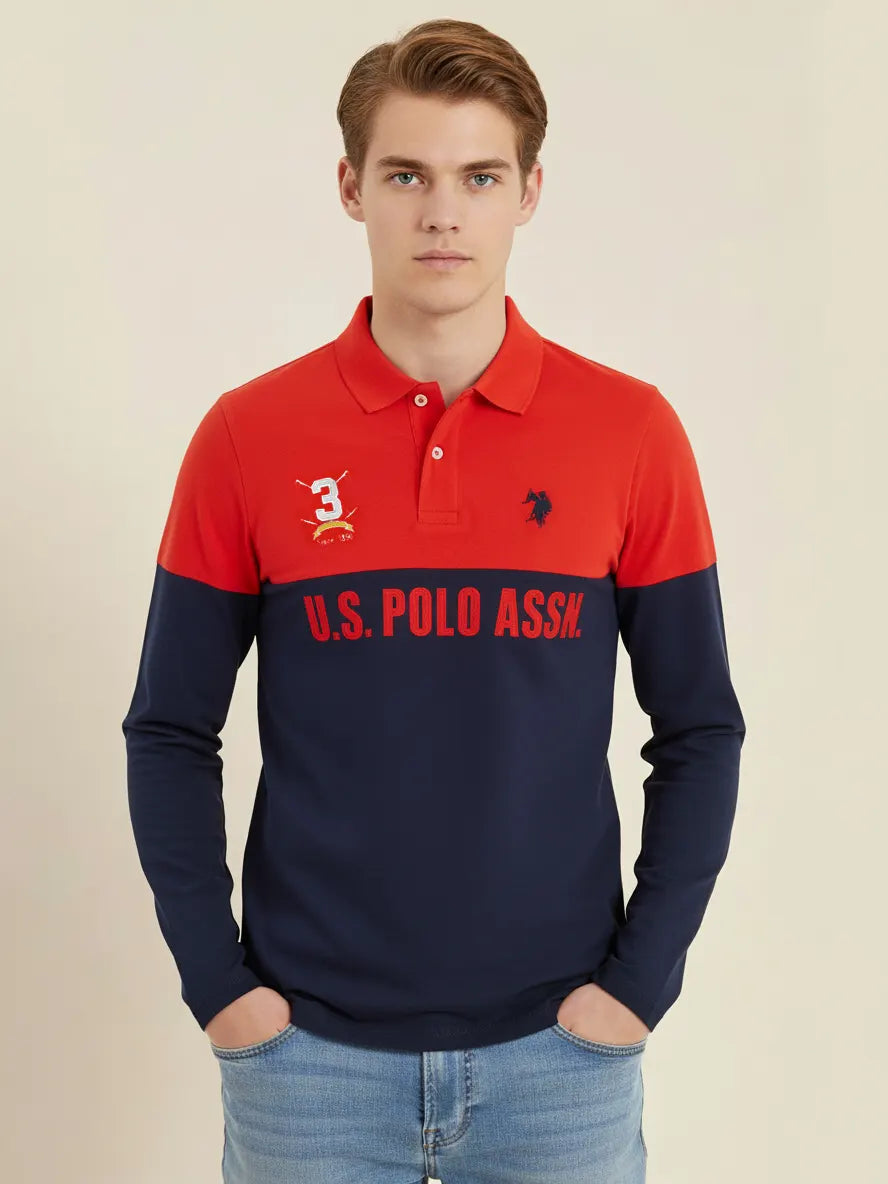 U.S.P.A Long Sleeve Polo Shirt For Men-Red & Navy-SP6435