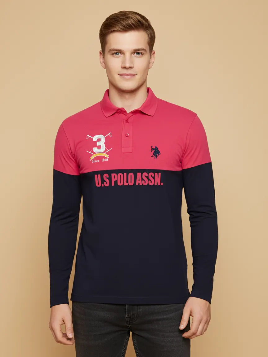 U.S.P.A Long Sleeve Polo Shirt For Men-Pink & Navy-SP6449