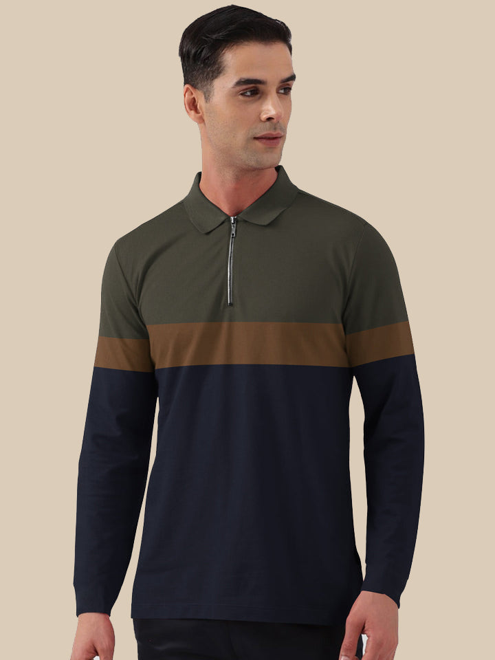 NXT Long Sleeve Polo Shirt For Men-Navy with Green & Brown-BE1048