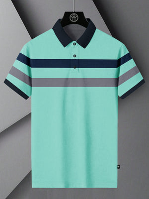 NXT Summer Polo Shirt For Men-Cyan Blue With Stripes-SP1521/RT2356