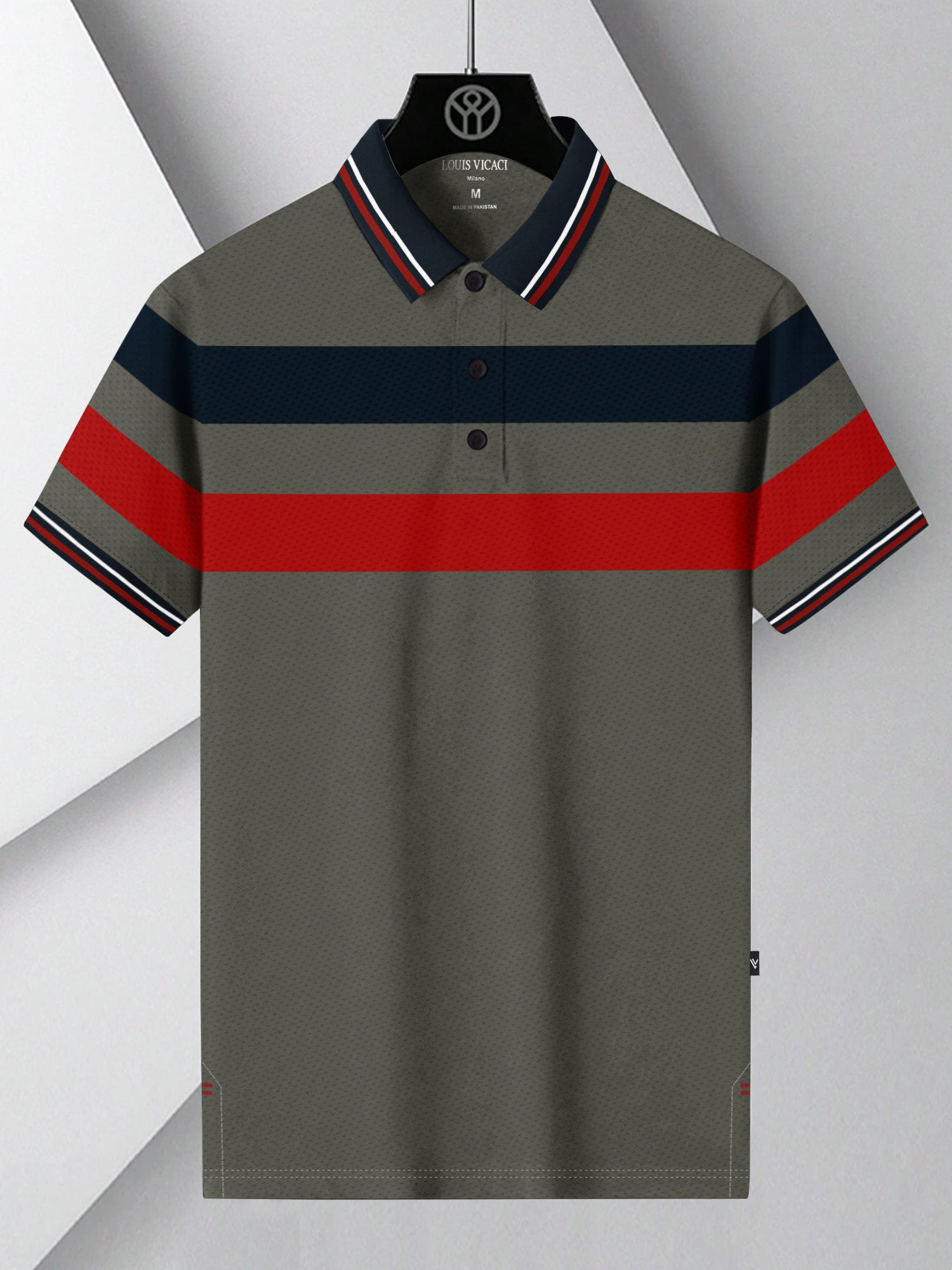 LV Summer Active Wear Polo Shirt For Men-Grey with Red & Navy Panels-SP2865/RT2541