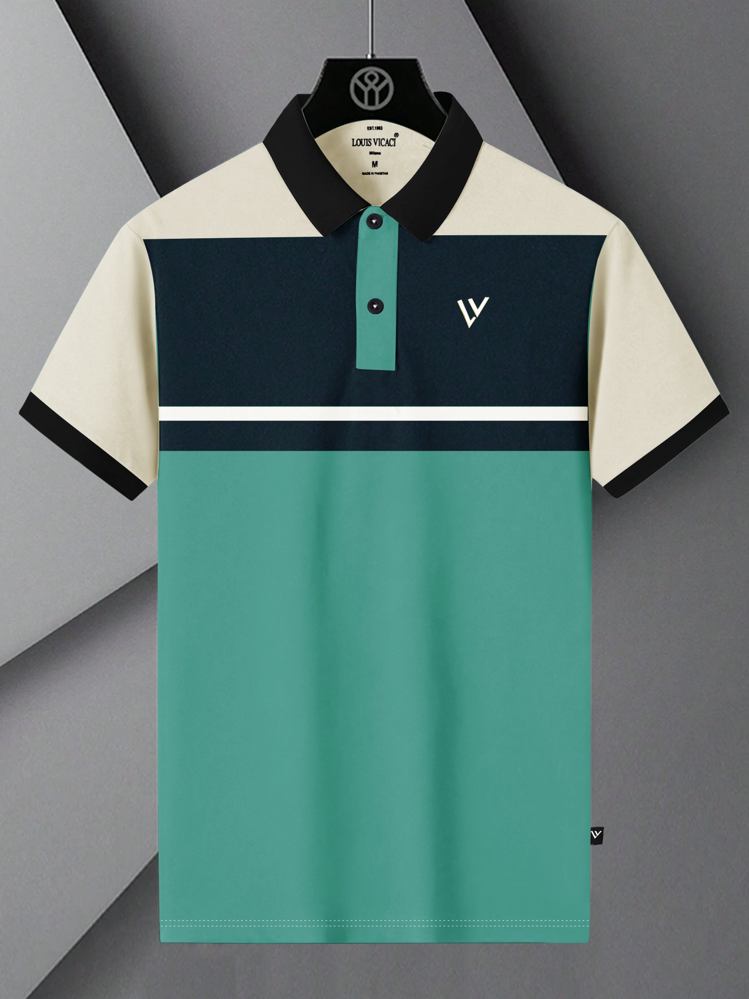 LV Summer Polo Shirt For Men-Aqua Green with Off White & Navy-SP1576/RT2377