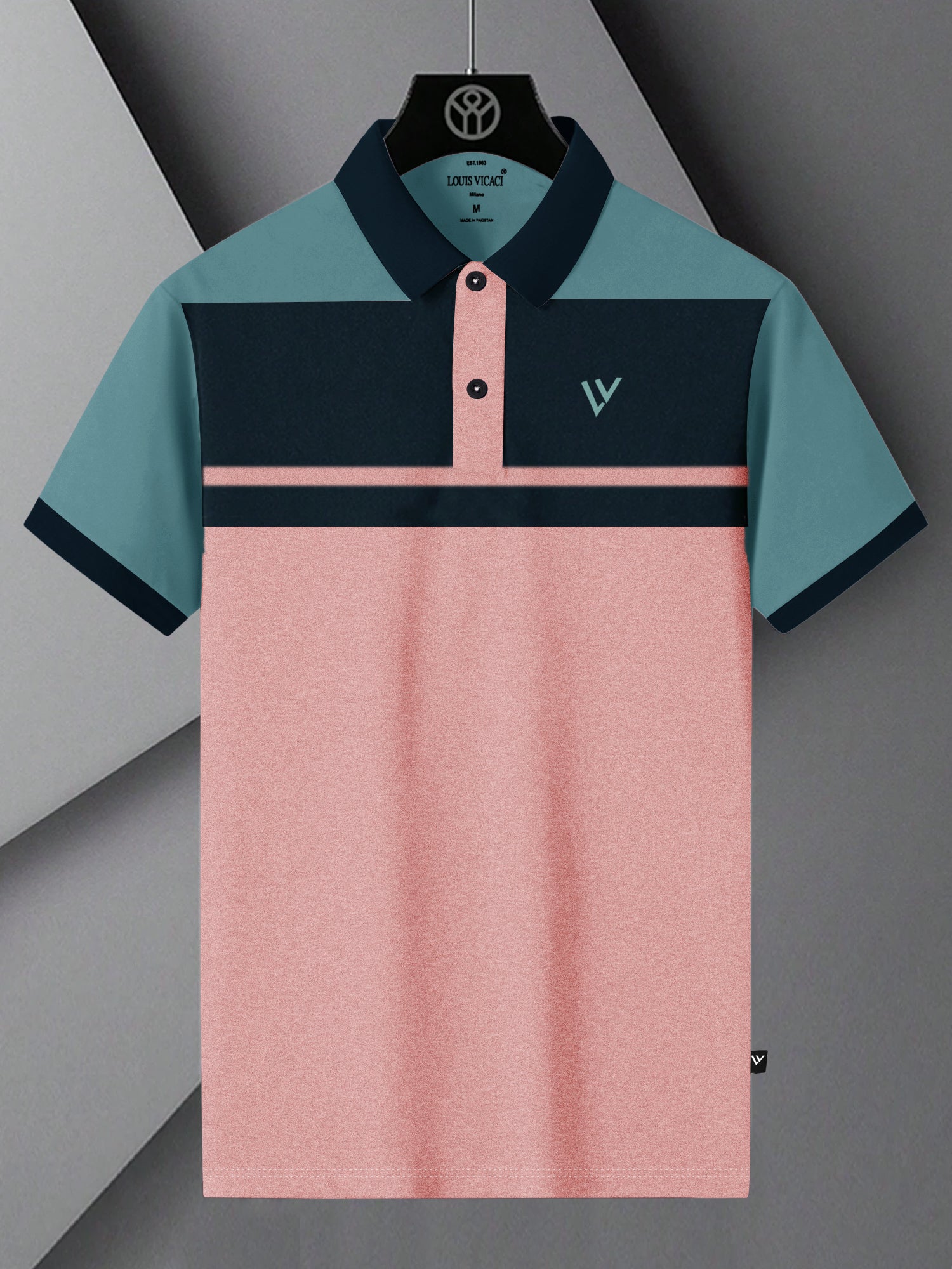 LV Summer Polo Shirt For Men-Pink Melange with Navy & Bond Blue-SP1583