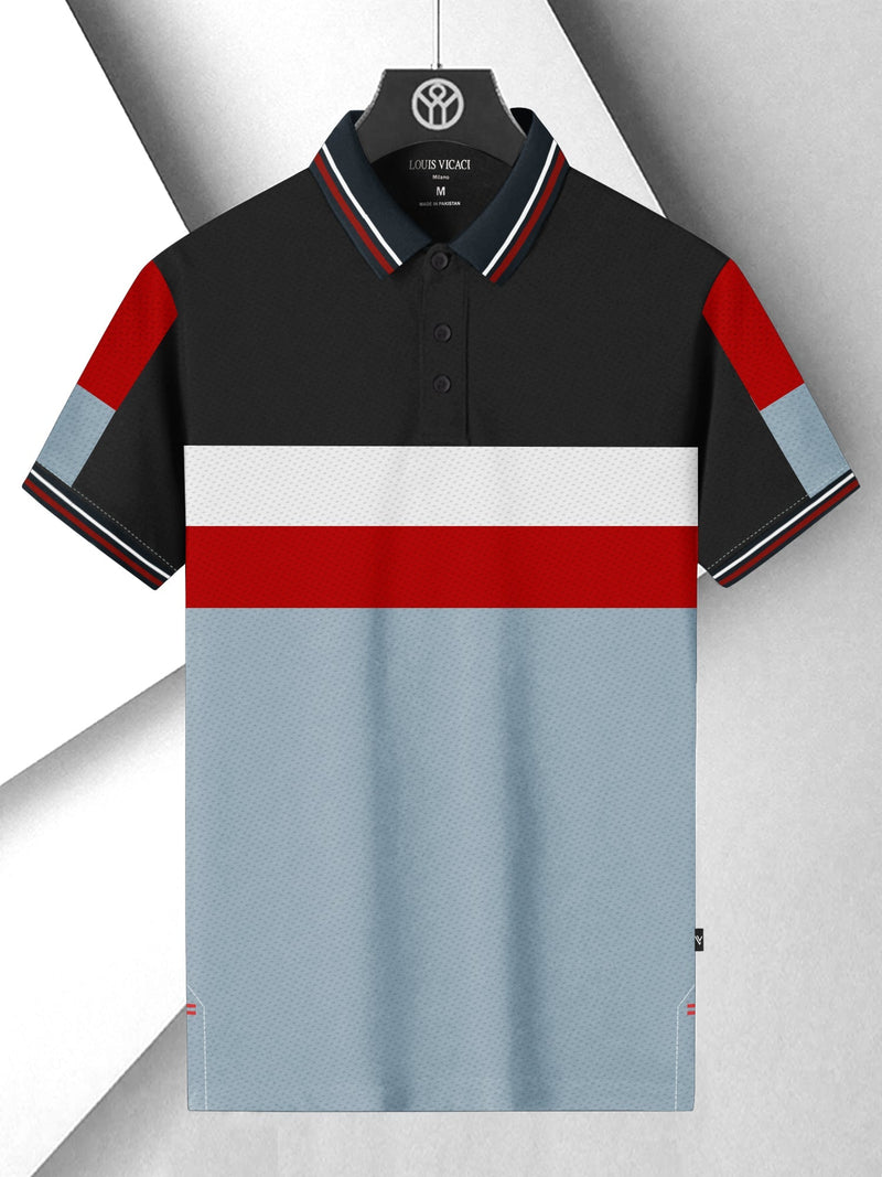 LV Summer Dry Fit Polo Shirt For Men-Slate Blue & Black with Panels-SP2712/RT2534