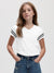 Popular Sports V Neck Tee Shirt For Girls-White with Black Stripe-BE1456