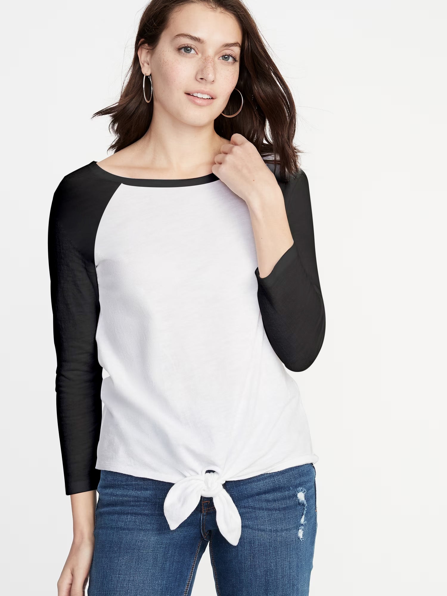 Popular Sports Long Sleeve Front Tie Tee Shirt-White with Black-BE1470