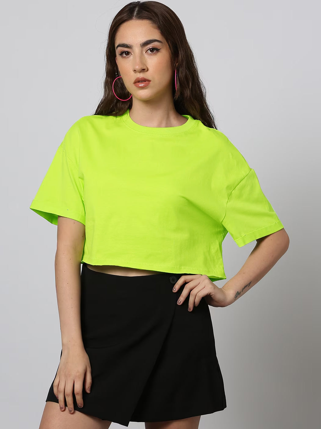 Popular Sports Viscose Crew Neck Crop Top For Women-Lime Green-BE1258
