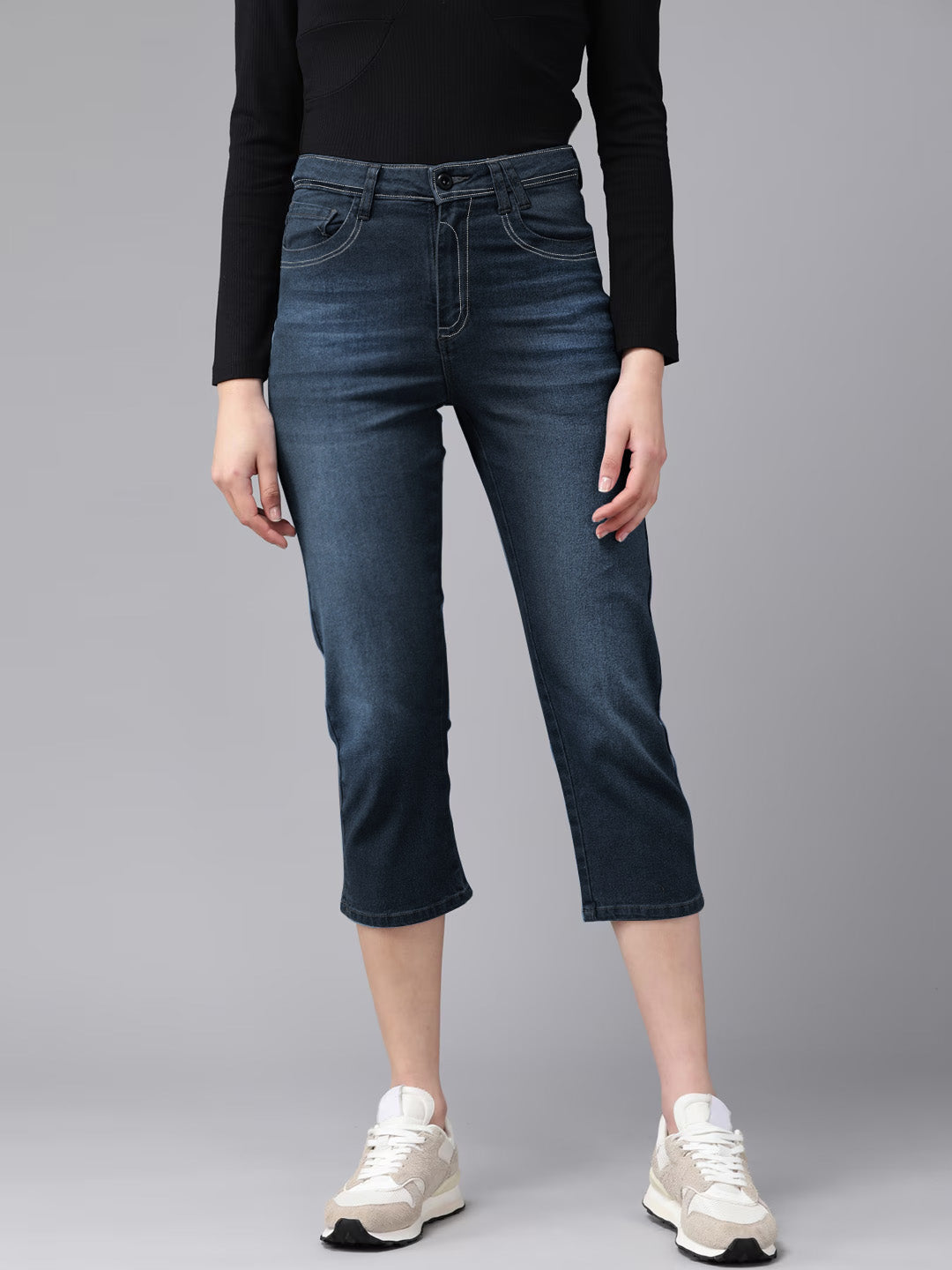 Premium Easy Denim Jeans Capri For Ladies-Dark Navy Faded-BE1317