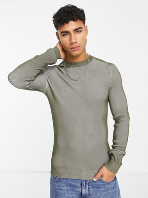 River Island Crew Neck 2 Tone Wool Sweatshirt For Men-Olive Green-BE594