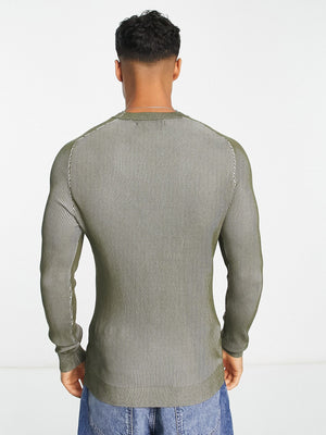 River Island Crew Neck 2 Tone Wool Sweatshirt For Men-Olive Green-BE594