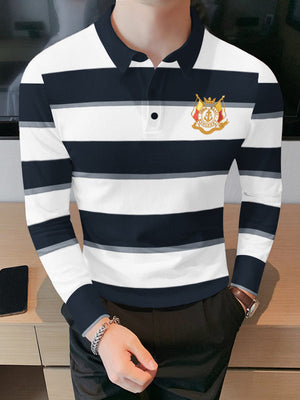 Louis Vicaci Long Sleeve Polo Shirt For Men-White & Navy Stripe-BE80