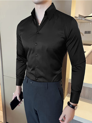 Louis Vicaci Super Stretchy Slim Fit Long Sleeve Summer Formal Casual Shirt For Men-Black-SP2004/RT2501