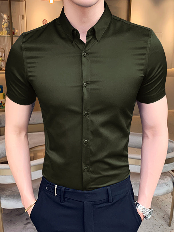 Louis Vicaci Slim Fit Half Sleeve Summer Casual Shirt For Men-Dark Olive Shine-SP2670