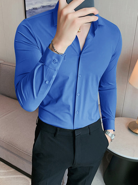 Louis Vicaci Super Stretchy Slim Fit Long Sleeve Summer Formal Casual Shirt For Men Royal Blue-SP2153