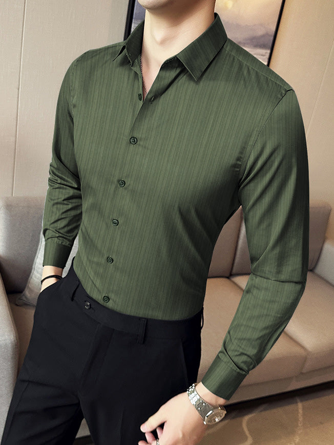 Louis Vicaci Super Stretchy Slim Fit Long Sleeve Summer Formal Casual Shirt For Men-Green Wrinkle-SP2217/RT2514