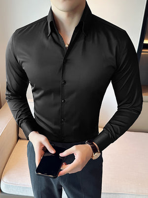 Louis Vicaci Super Stretchy Slim Fit Long Sleeve Summer Formal Casual Shirt For Men-Black-SP2004/RT2501