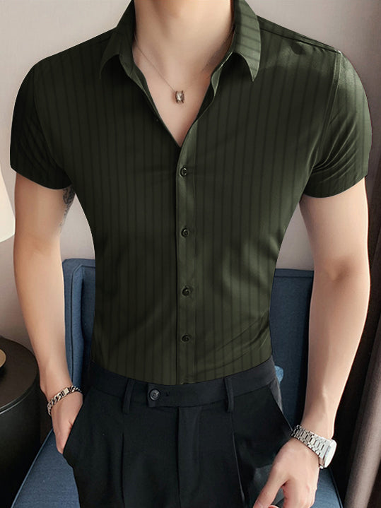 Louis Vicaci Slim Fit Half Sleeve Summer Casual Shirt For Men-Dark Olive with Lining-SP2688