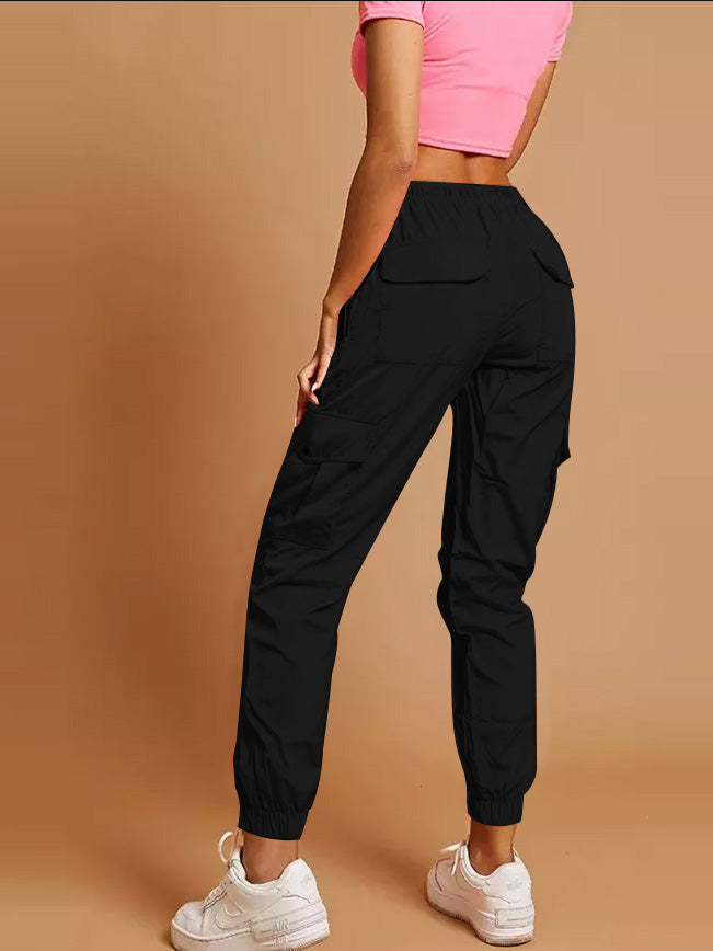 Cuffed Hem Shell Side Pockets Jogger Trouser For Ladies-Black-SP3343