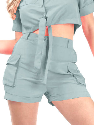 Rising Pop Button Shorts For Ladies-Sky Blue-SP3464