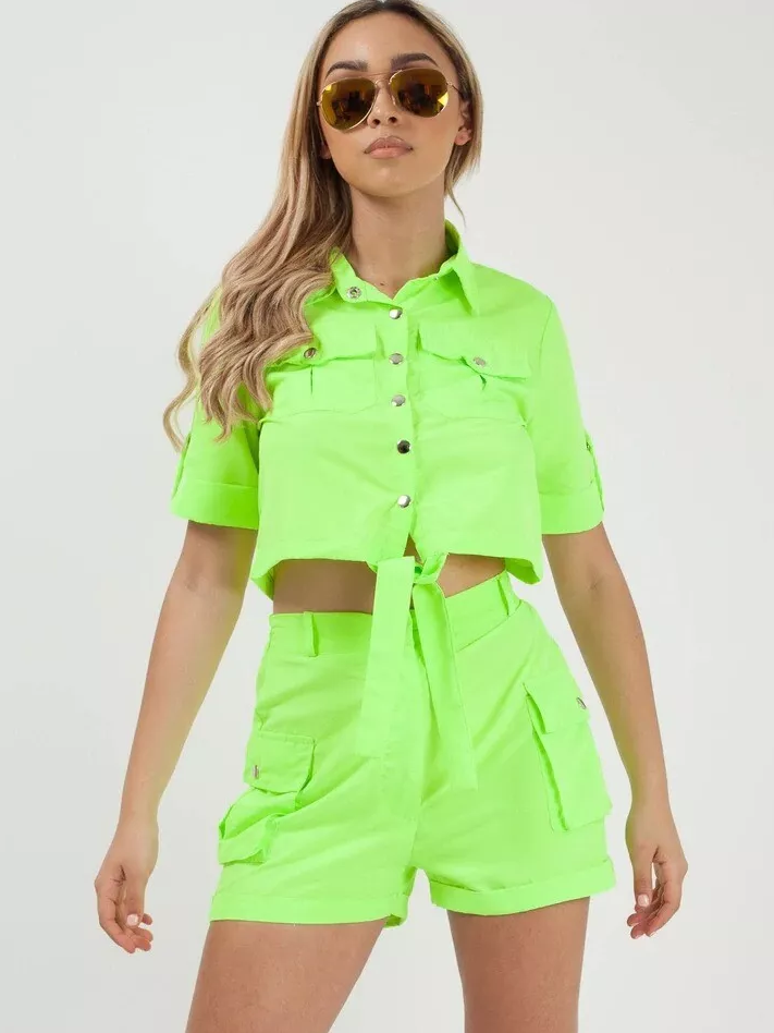 Rising Pop Button Shorts Co-Ord For Ladies-Neon Green-SP3401