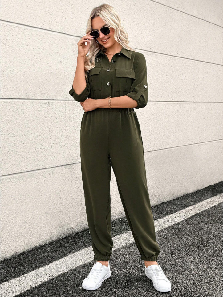 BLFD Butoons Front Jumpsuit For Ladies-Dark Olive-SP3362