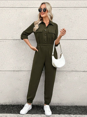 BLFD Butoons Front Jumpsuit For Ladies-Dark Olive-SP3362