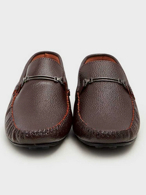 Men's Cow Leather Loafer Shoes With Brass Buckle-Brown-SP6180