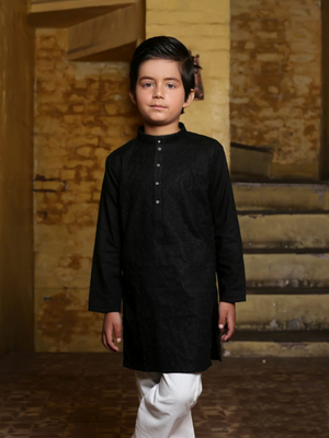 Velvour Stitched Kurta For Kids-Black Allover Textured-SP2714