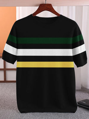 Full Fashion Short Sleeve Crew Neck Sweater For Men-Black With Stripes-SP1100/RT2242