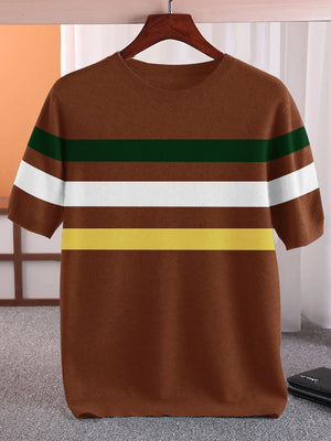 Full Fashion Short Sleeve Crew Neck Sweater For Men-Light Brown With Stripes-SP1101/RT2243