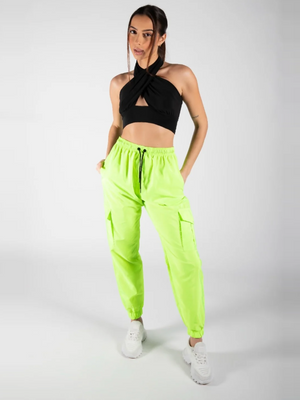 Cuffed Hem Shell Side Pockets Jogger Trouser For Ladies-Neon Green-SP3320