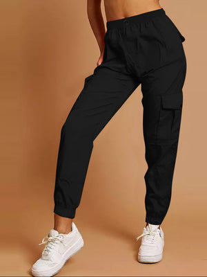 Cuffed Hem Shell Side Pockets Jogger Trouser For Ladies-Black-SP3343