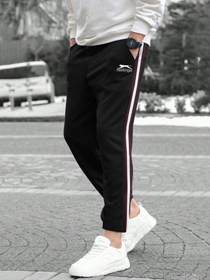 Slazenger Fleece Stylish Sweatpants For Men-Black with Maroon & White Stripe-BE2229/BR14341