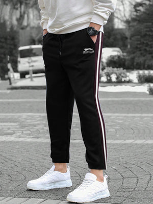 Slazenger Fleece Stylish Sweatpants For Men-Black with Maroon & White Stripe-BE2229/BR14341